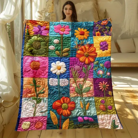 Colorful floral quilt handmade patchwork blanket vintage flower garden design cozy home decor spring summer bedroom throwblanket