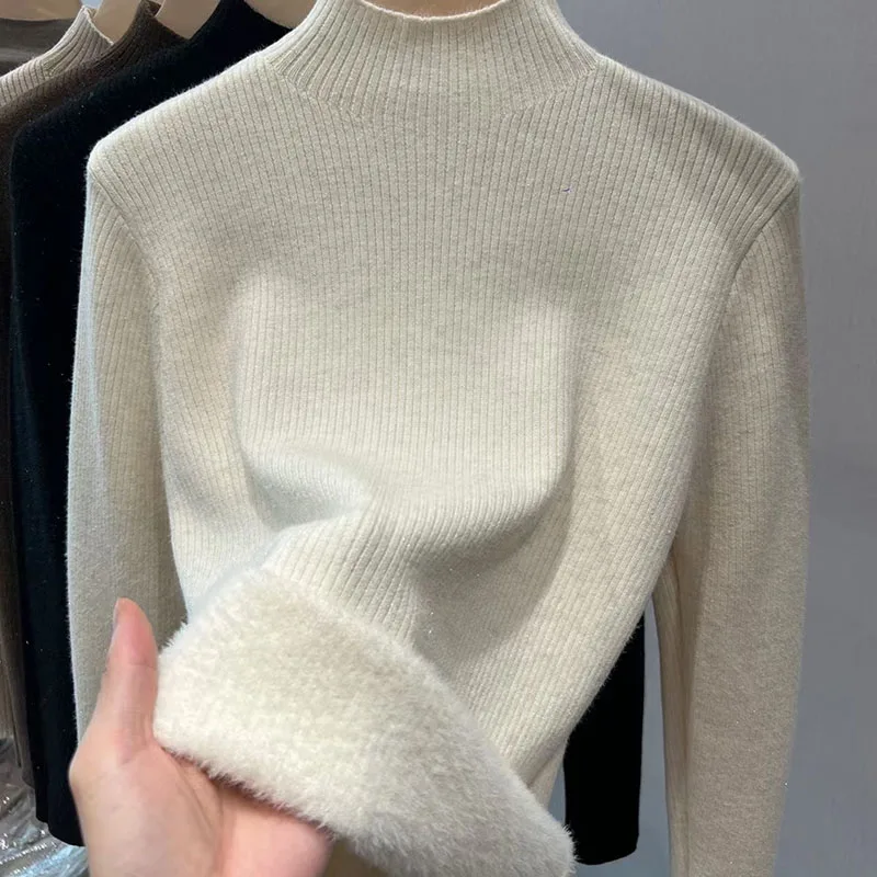 محبوك سترة المرأة البلوفرات الجديدة طويلة الأكمام وهمية الرقبة الصوف مبطن سميكة متماسكة سترة البلوز النساء بلايز البلوزات Q1136 #1