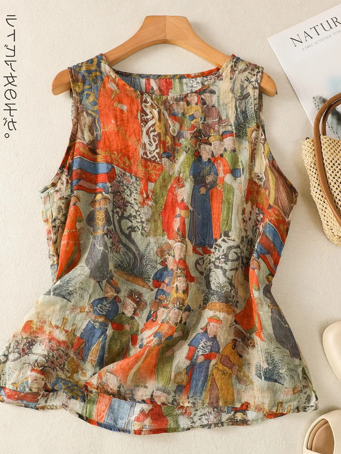 

Women's Comfortable Classic Sleeveless Digital Print Slimming Fashionable Oversized round Neck Vest Cotton Linen Blend Summer...