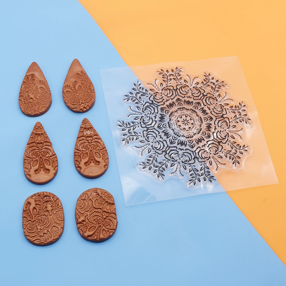 9cm ROSE  Mandala Polymer Clay Texture Sheets Stamp Pottery Transfer Emboss Mat Press Print Modeling Impress for Ceramic Earring