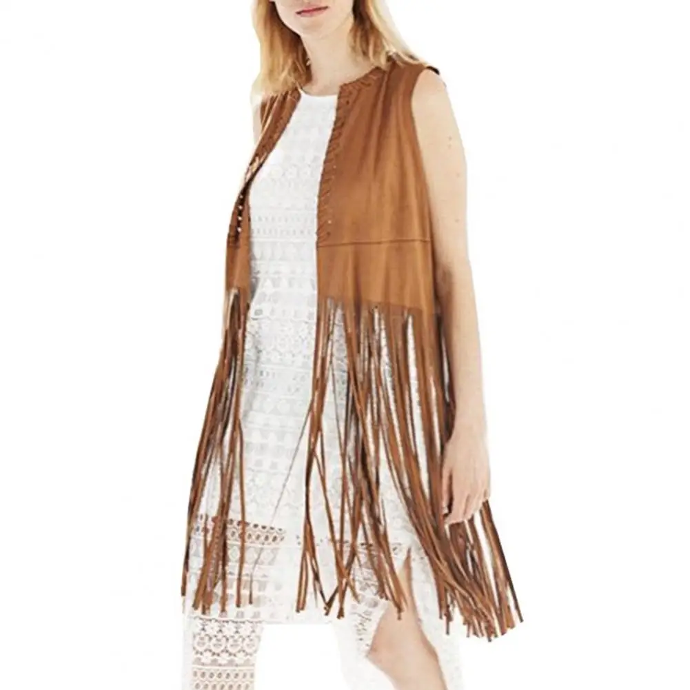 

Super Long Tassel Vest Women Long Tassels Suede Vest Vintage Fringed Waistcoat Women's Long Tassels Suede Vest with Hollow Hole