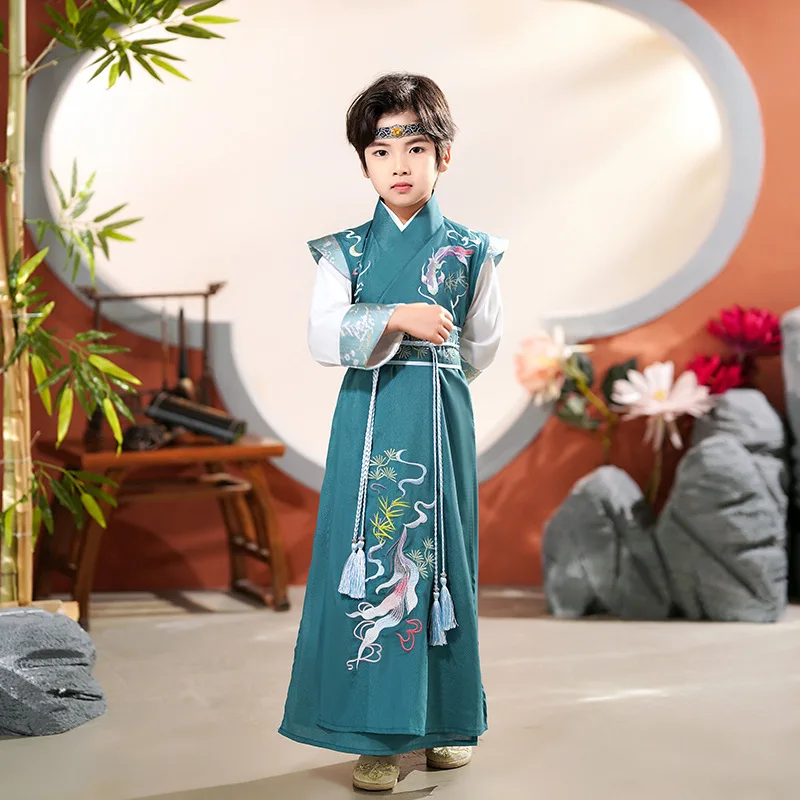 

Spring Children Ancient Green Carp Embroidery Hanfu Stage Wear Boys Chinese Style Cosplay Costumes