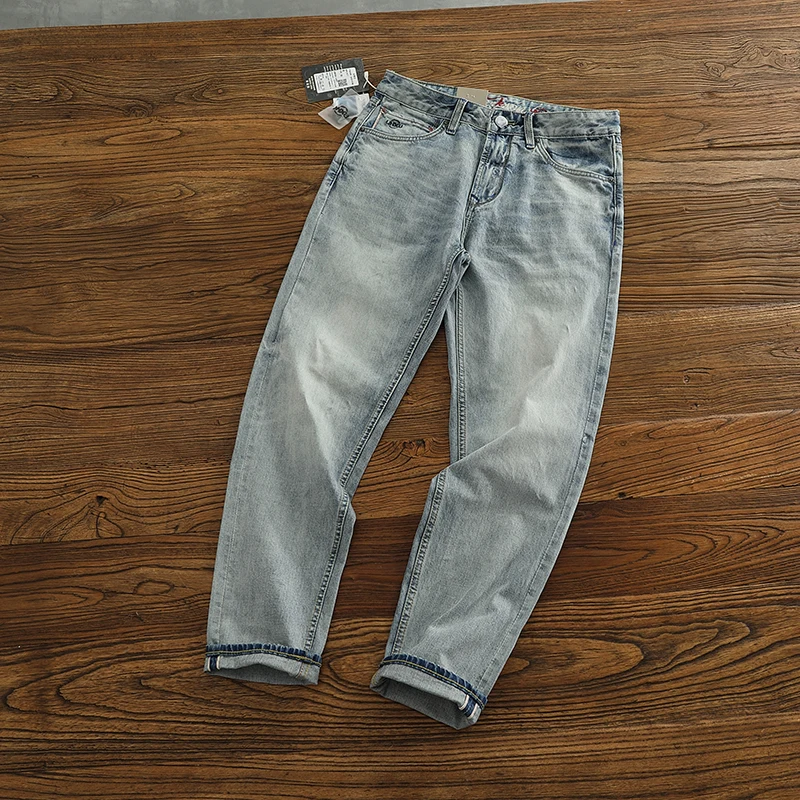 

Голубые винтажные элитные джинсовые мужские прямые джинсы с конусом на талии, маленькая обувь, эластичные длинные брюки