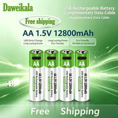 2026 New 1.5V USB AA Rechargeable Battery 12800 mAh Li-ion Battery for Remote Control Mouse Electric Toy Battery + Type-C Cable
