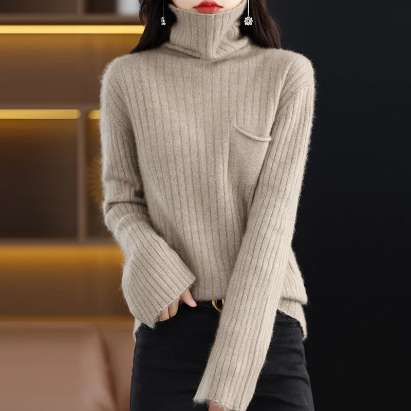 Women Turtleneck 100% Mink Cashmere Sweater Autumn New Knitted Pullover Casual Loose Large Size Tops Warm Long Sleeve Base Shirt