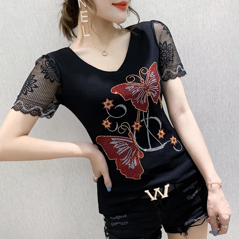 Summer New European Clothes Mesh T-Shirt Fashion Sexy V-Neck Shiny Diamonds Women Tops Short Sleeve Tees Blusas