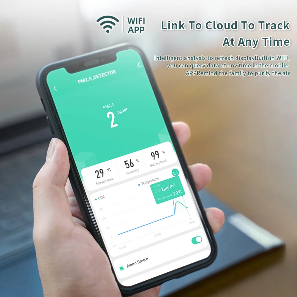 WiFi Smart Air Quality Detector Large Screen PM2.5 Monitor 4 in 1 PM2.5 Temperature Humidity Tester Alarm Clock for Home