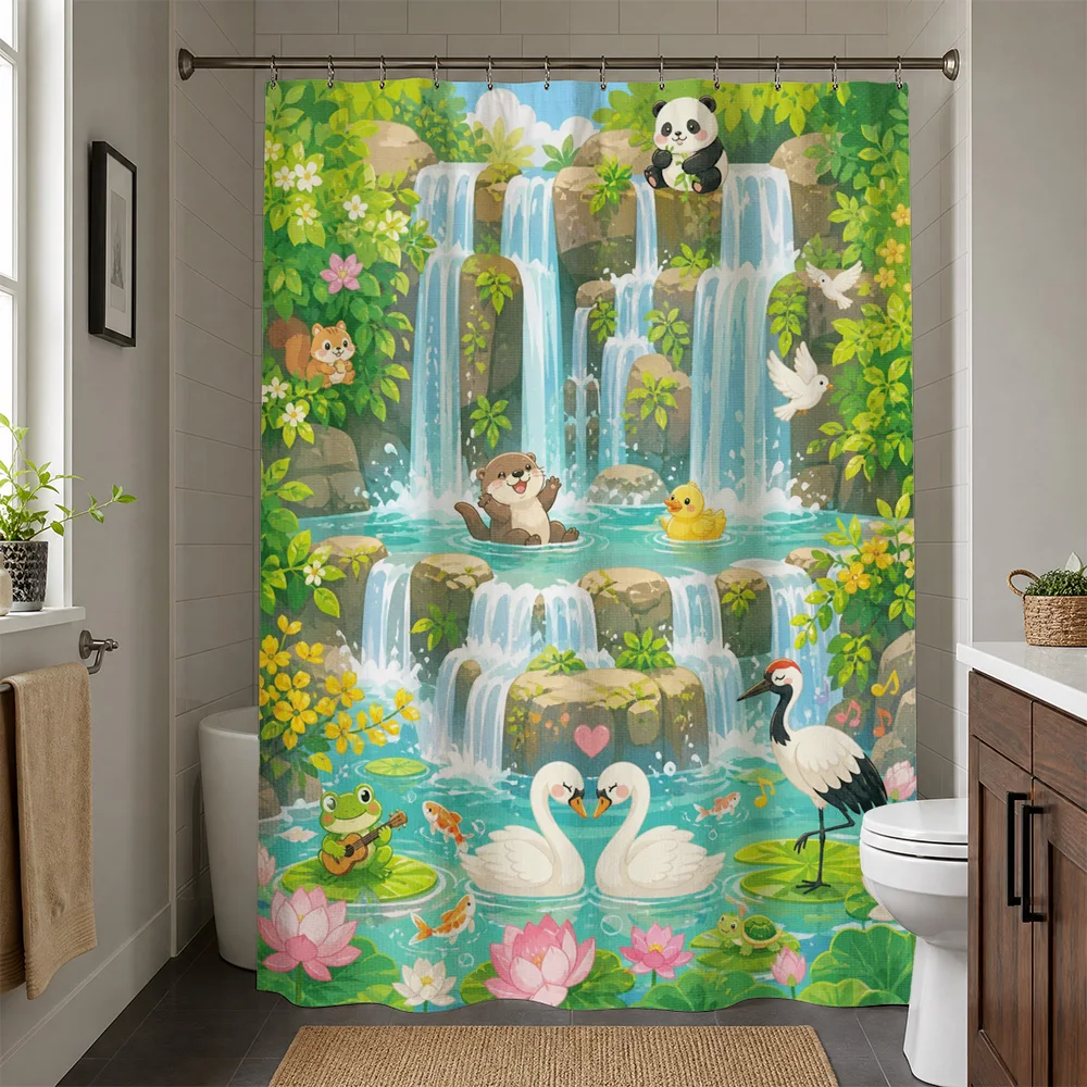 Fun Panda Waterfall Shower Curtain Tropical Nature Bathroom Decor Kids Cute Animal Print Waterproof Shower Curtain Liner