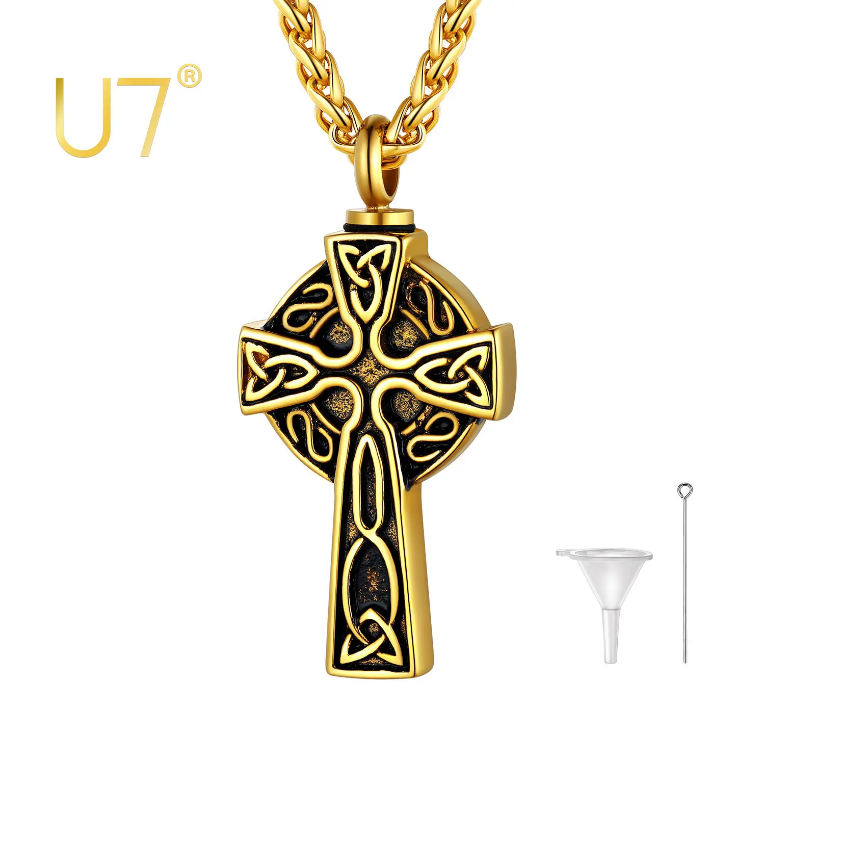 

U7 Cross Necklace for Ashes Women Men Gold Color Cremation Jewelry Keepsake Memorial Celtic Pendant Necklaces