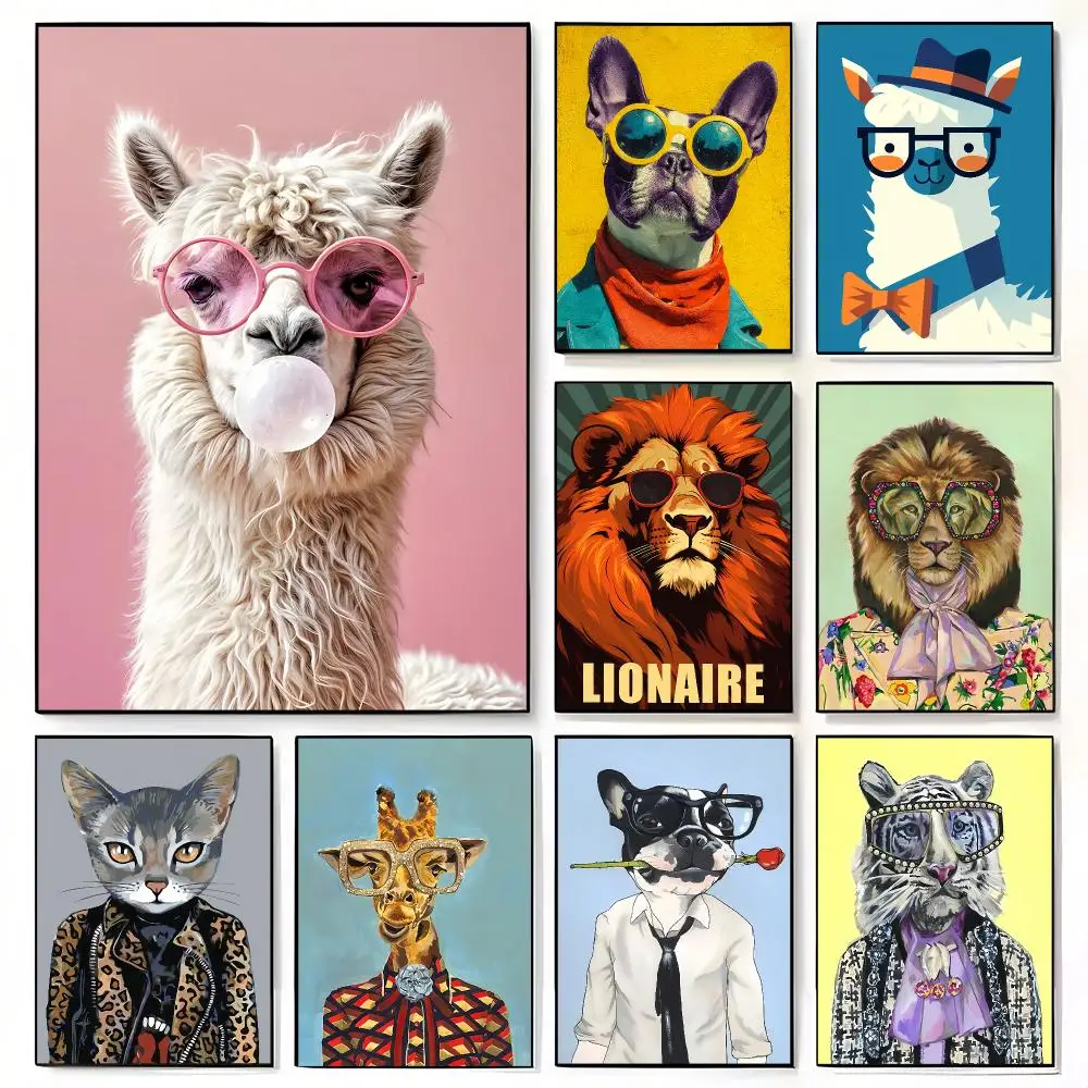 Fashionable Animal Glasses Funny Pictures Painting Calligraphy Stylish Canvas Poster Wall Art for Home Decor Gift