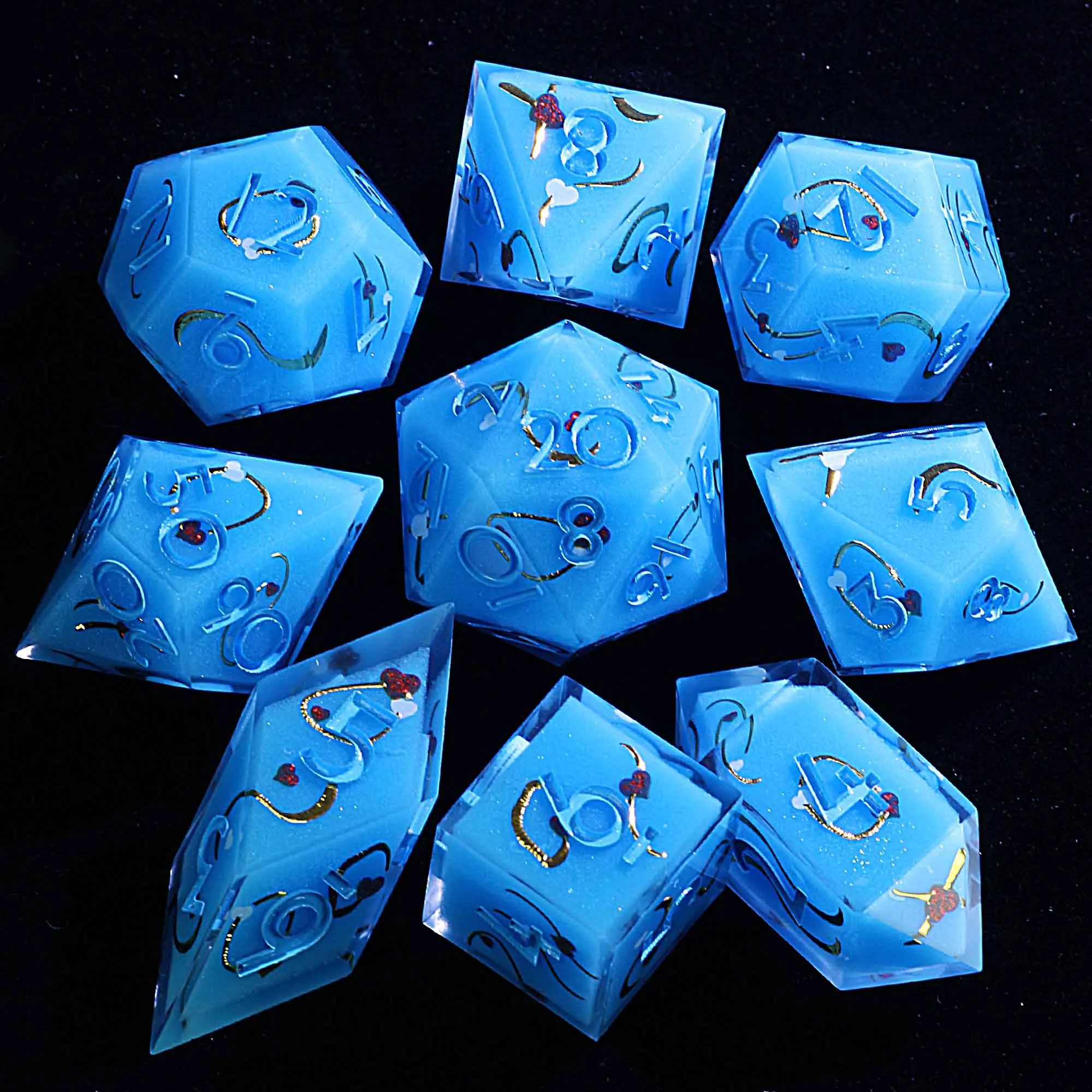 

9 Polyhedral Resin D&D Dice Set Azure Heart Oath