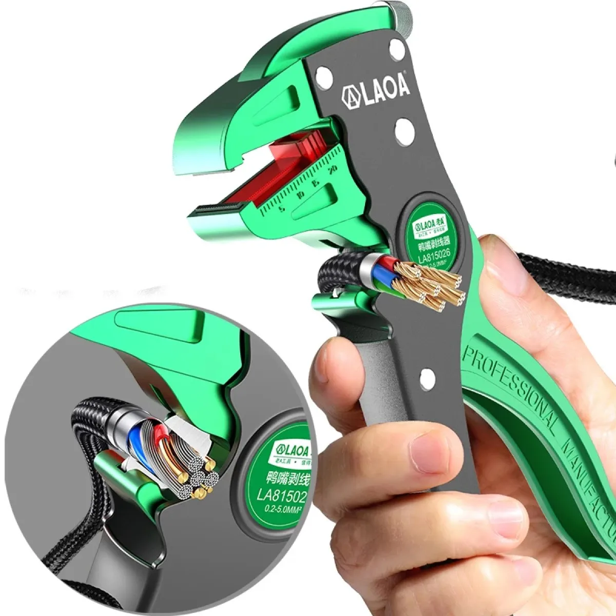 LAOA LA815026 Duckbill Wire Stripper 0.2-5.0mm², SK5 Steel Blades, Strip Length 2-20mm, Cuts Cu & Al, Taiwan