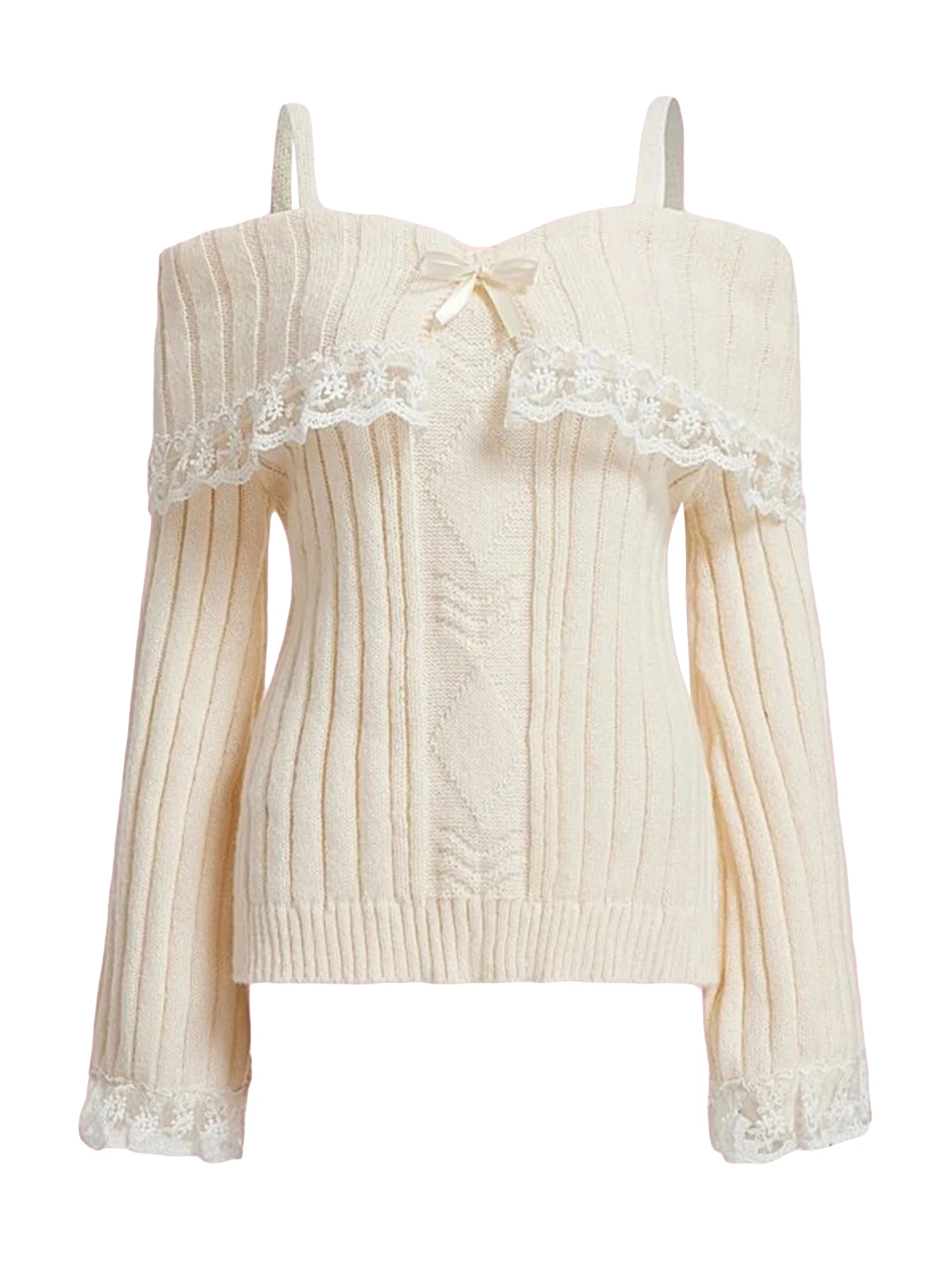 Suéteres con hombros descubiertos para mujer, jerseys de punto con ribete de encaje de manga larga, jerséis con lazo frontal, Tops, ropa Y2K para otoño e invierno