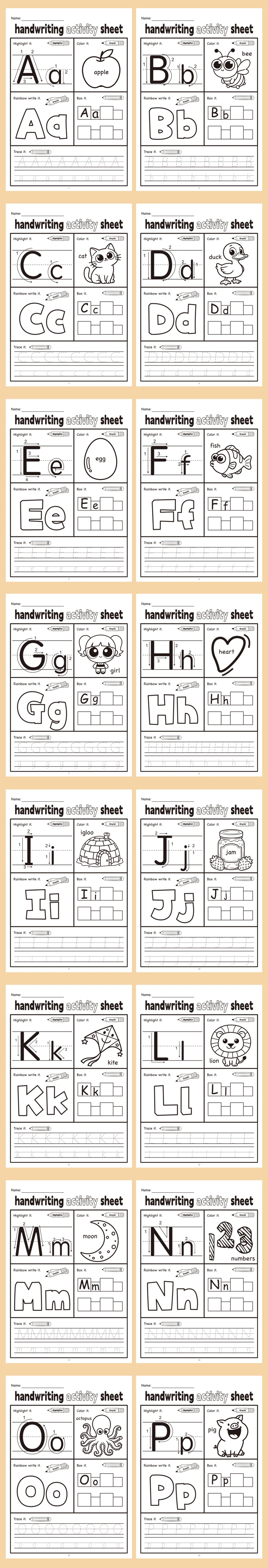 Englisches Buchstaben-Handschrift-Übungsbuch, lustiges Aktivitäts-Kopierbuch für Kinder mit lustigen Illustrationen, 5 Arten von interaktiven Spielen – Detail 1