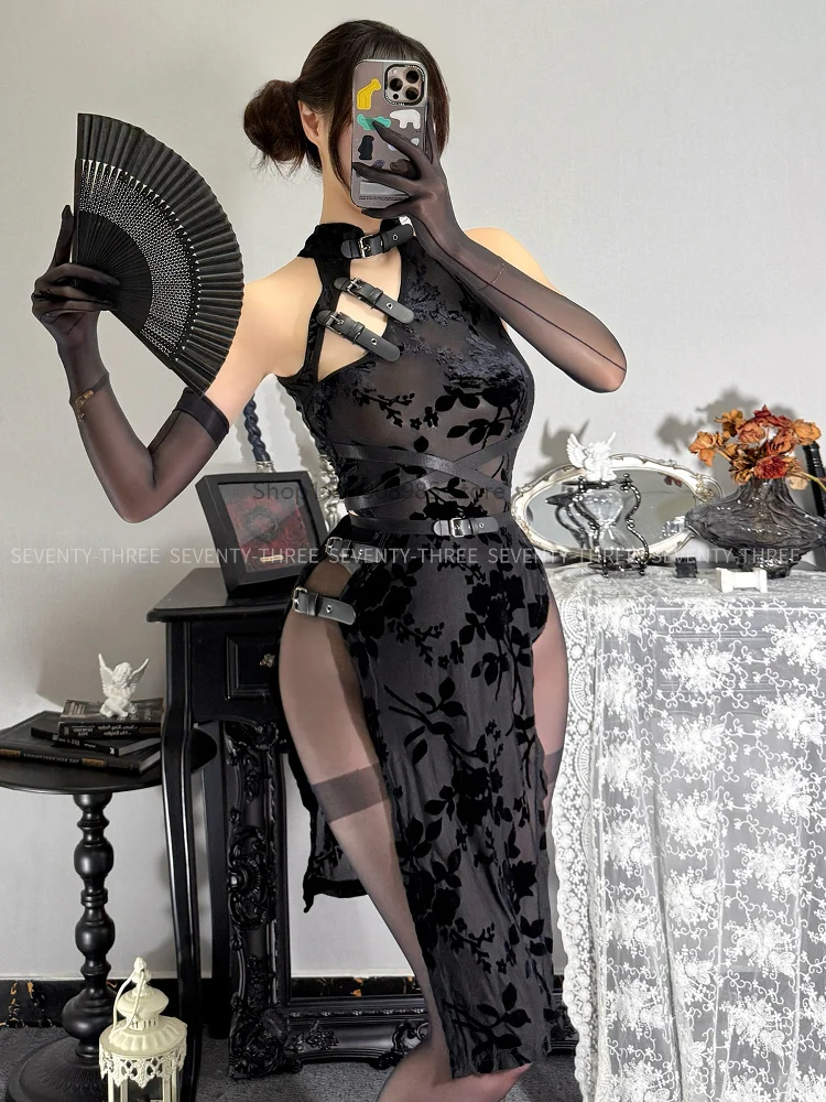 

Dark Sexy Flocking Floral Ladies Sexy Perspective Mesh Dress Adult Cosplay Bevel High Fork Hollow Backless Cheongsam Short Skirt