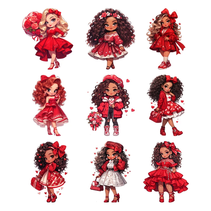 Cartoon Valentine fun in red little girls custom heat patches Ironing applications DIY girls printing for clothes Decoration