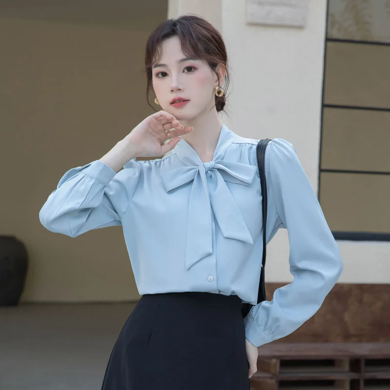 Women Clothing Elegant Long Sleeve Chiffon Shirt Summer Fashion Casual Bow Button White Blouses Office Lady Chic Solid Loose Top