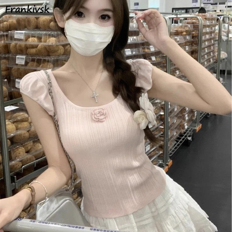 ผู้หญิง Tender เสื้อยืด Solid Temperament หวานฤดูร้อน INS สบาย Harajuku สไตล์ญี่ปุ่น All-Match Hipster เดทความงาม