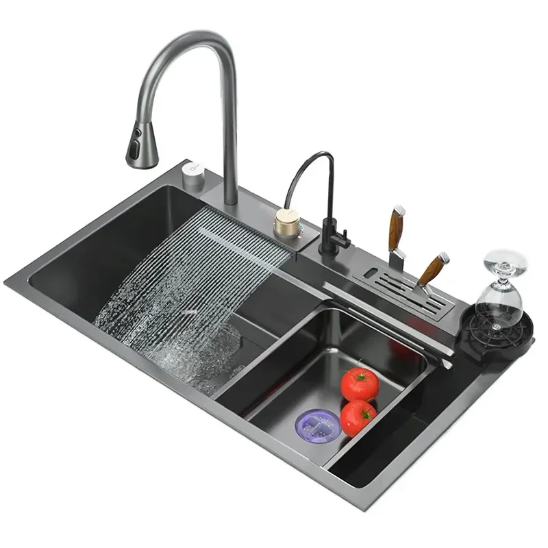 Multifunctional 304 Stainless Steel Kitchen Sink with Nano Coating Large Single Bowl Waterfall Faucet Integrated Knife Holder