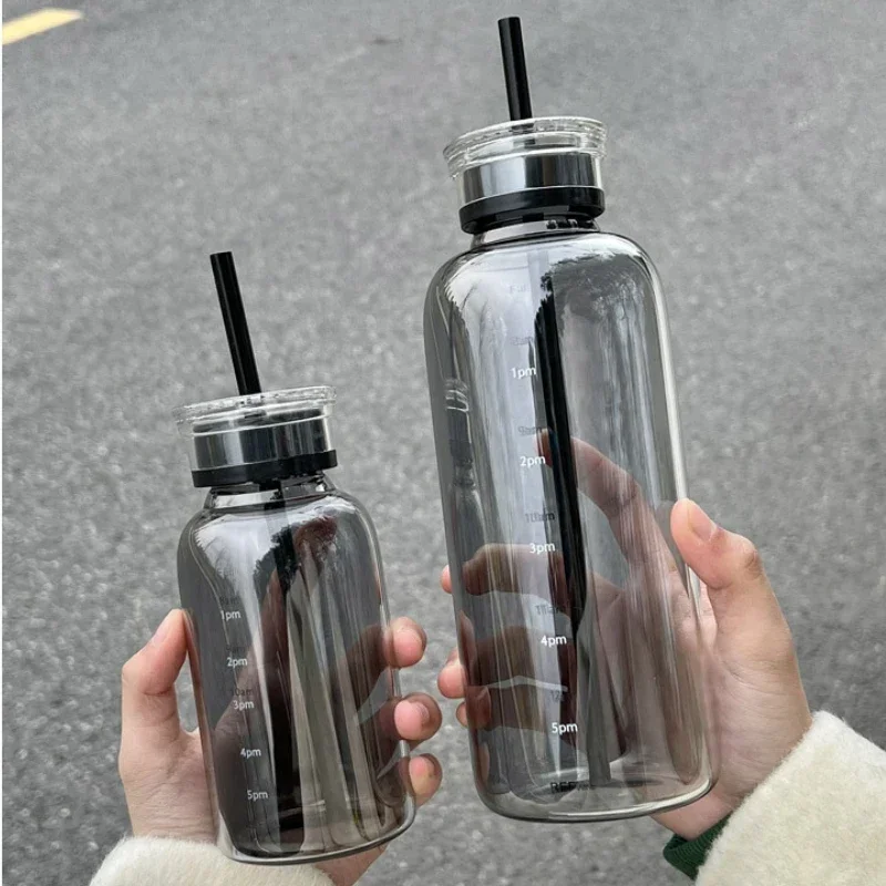 Ins 450ml Glass Water Bottle With Time Marker 750ml Large Capacity Water Drink Transparent Milk Juice Simple Cup Birthday Gift