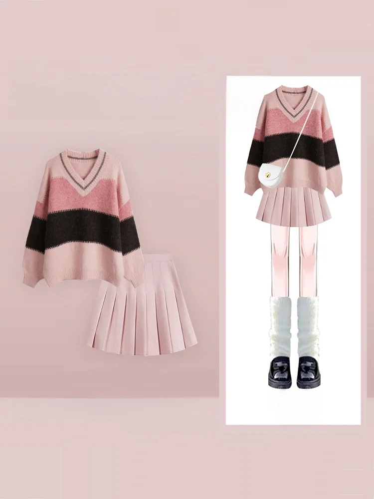 

Fall Winter Small Size Set Gentle Color Block Long Sleeve Women's College Style Age Reduction Pleated Short Skirt Two Piece Set
