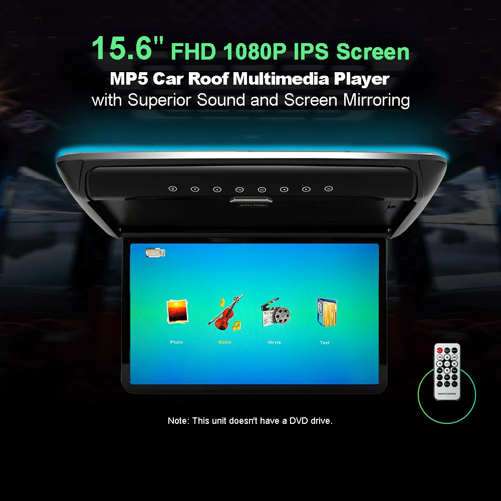 15.6'' Car Roof Monitor LCD Flip Down Screen Overhead Multimedia Video Ceiling Roof mount Display FM Transmitter USB Mirror Link