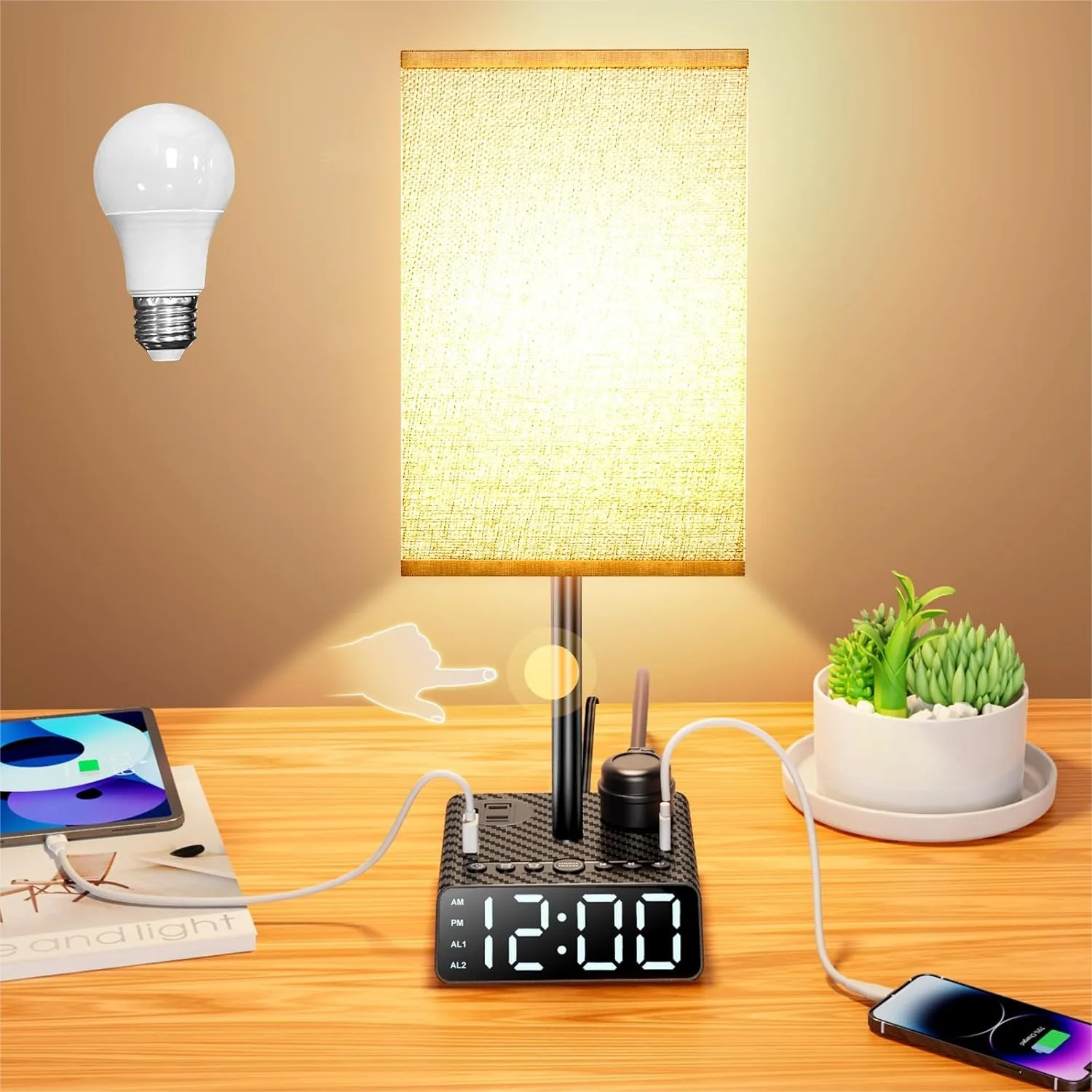 

Bedside Table Lamp with Alarm Clock, Touch Control, USB C & A Ports, AC Outlet, 3 Color Temperatures, 9W LED, Nightstand Lamp