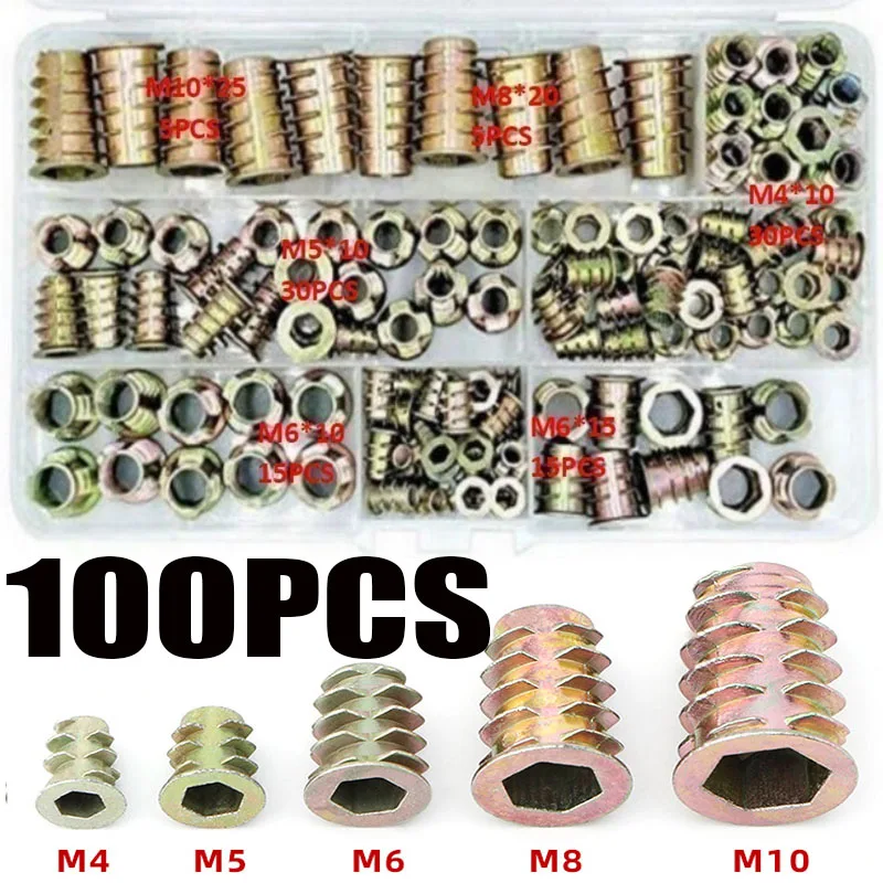 

100pcs Furniture Nut Zinc Alloy Hexagon Hex Socket Head Embedded Wood Insert Nut Flanged Hex Drive Head Nuts M4 M5 M6 M8 M10