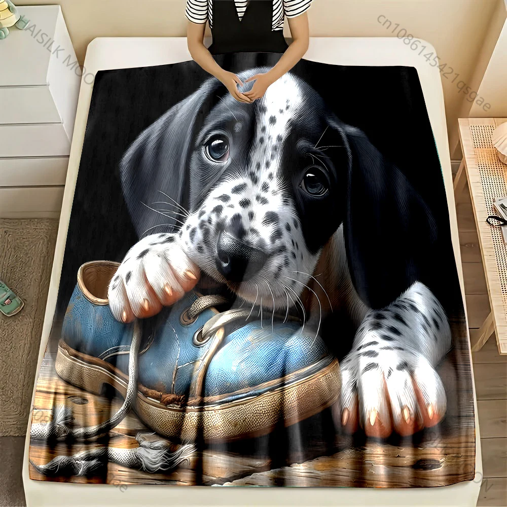 Multi-Size Basset Hound Chewing Shoes Print Blanket Flannel Material Soft Warm for All Seasons, Home Outdoor Camping Picnics