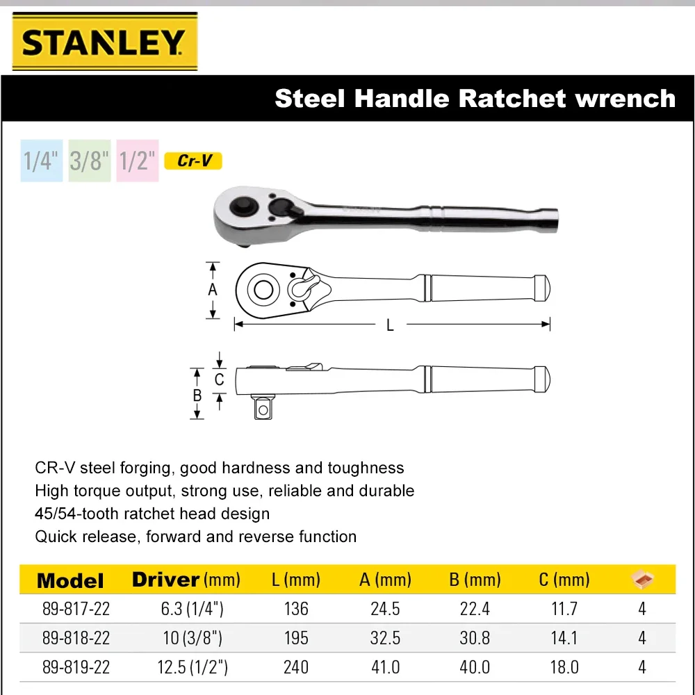 Stanley Professional Steel Handle Ratchet Wrench for Mechanic 89-817-22 45/54-tooth Ratchet Head 1/4inch 3/8inch 1/2inch CR-V