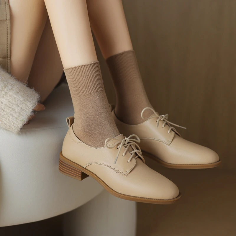 

Women's new spring and autumn genuine leather cowhide lace up mid heel oversized retro loafers fashion shoes work casual shoes