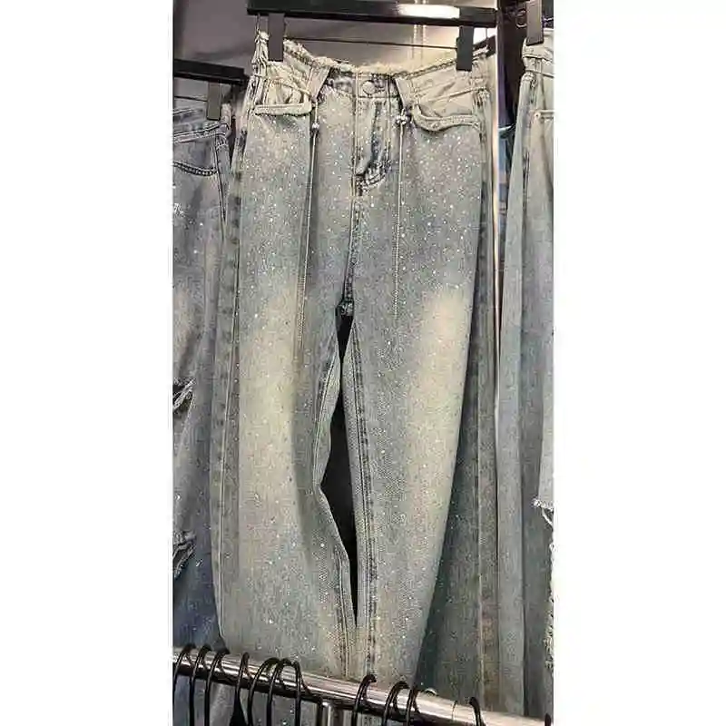 

High Waist BlueWomens Jeans Vintage Straight Baggy Denim Pants Streetwear American Style Cargo Plus Size Wide Leg Denim Trouser