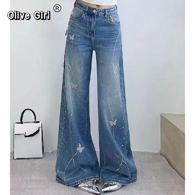 Olivegirl Women's Denim Jeans 2026 Spring Summer Luxury Trousers High Waist Butterfly Diamond Wide Leg Pants Elegant Versatile