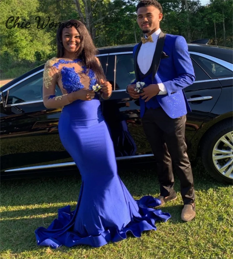 

Elegant Royal Blue Prom Dress For Black Girls Long Sleeve Mermaid Gold Lace Evening Gowns 2023 Tight African Birthday Party Wear