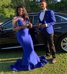 Elegant Royal Blue Prom Dress For Black Girls Long Sleeve Mermaid Gold Lace Evening Gown Tight African Birthday Party Customized