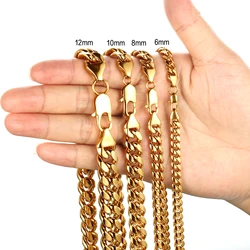 New Fashion Jewelry for Men Gold Plated Stainless Steel Cuban Chain Necklace 6-12mm width