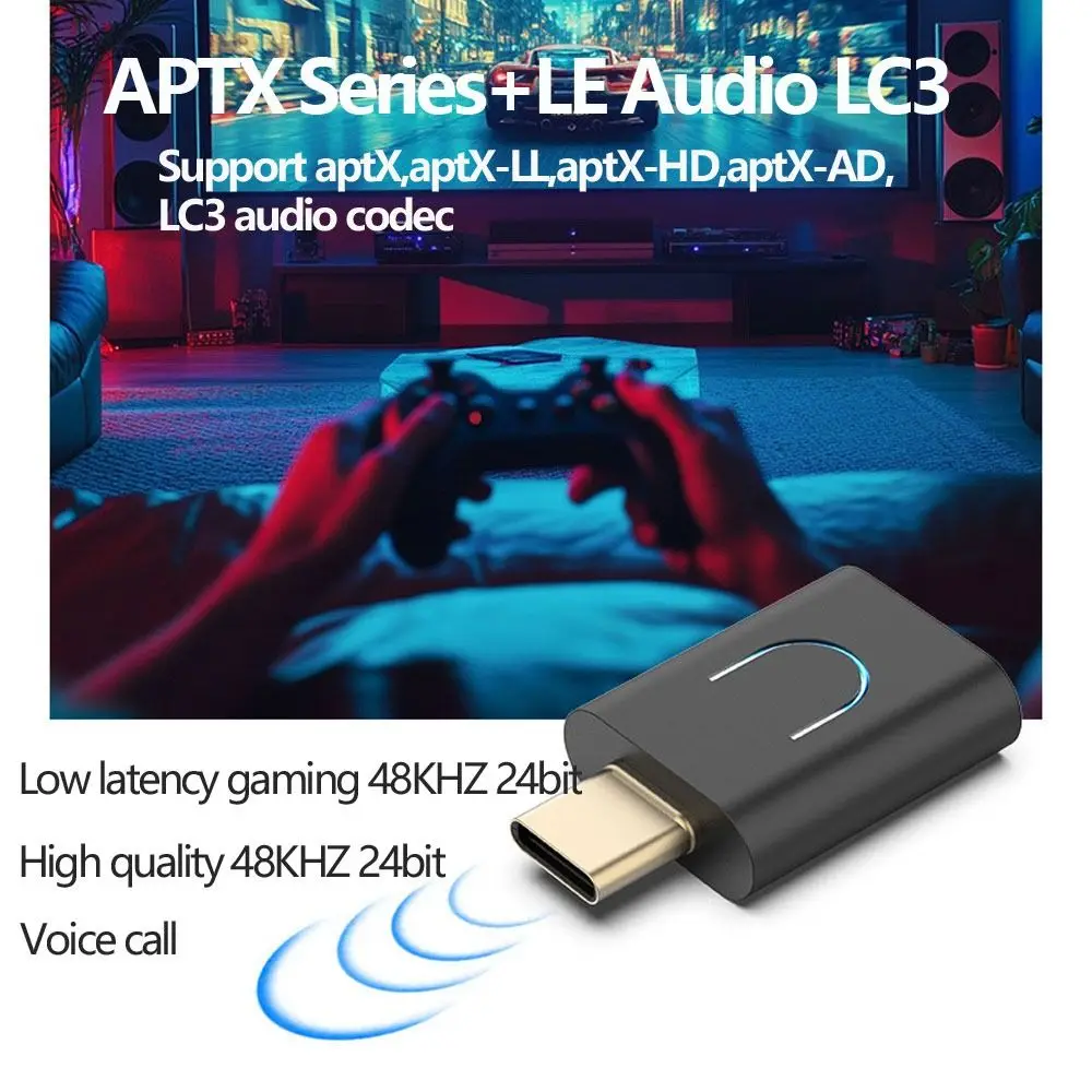 with Auracast Bluetooth 5.4 Audio Transmitter LC3 aptX-LL/HD Type-C Wireless Stereo Adapter Low Latency LE Audio Transmitter