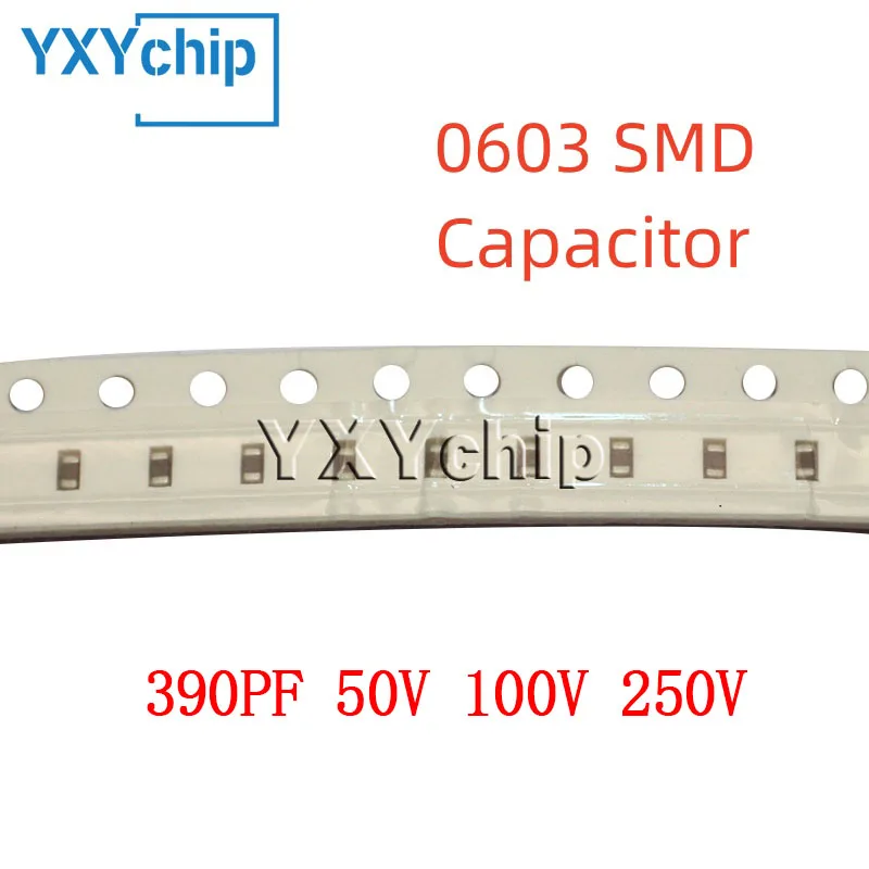 Capacitor cerâmico multicamadas da microplaqueta de SMD, 0603, 390PF, 50V, 100V, 250V, 5%, 391J, C0G, 1608, 100 PCes