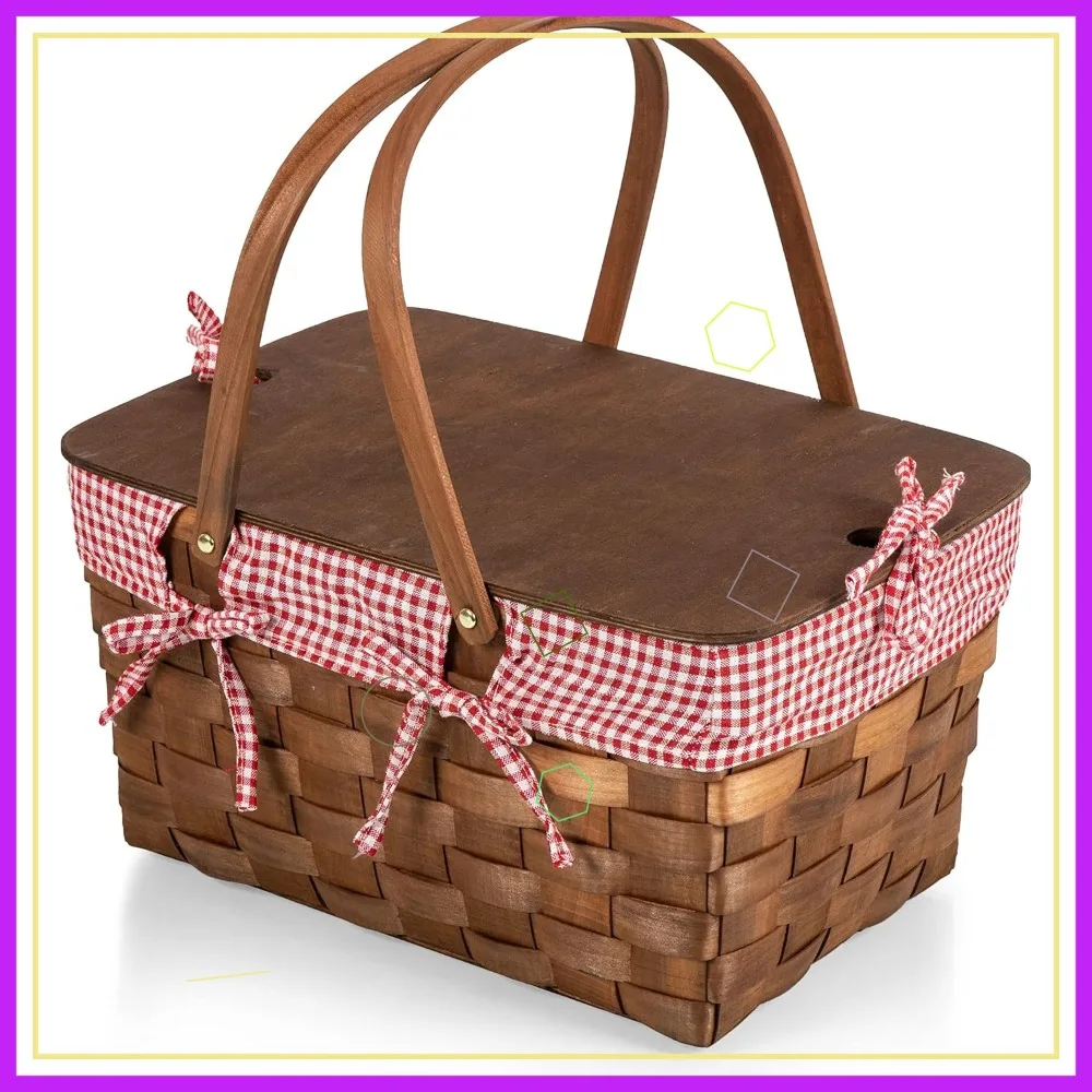 

Handwoven Wicker Picnic Basket with Tabletop Lid, Red & White Gingham Liner, Sturdy and Vintage Style