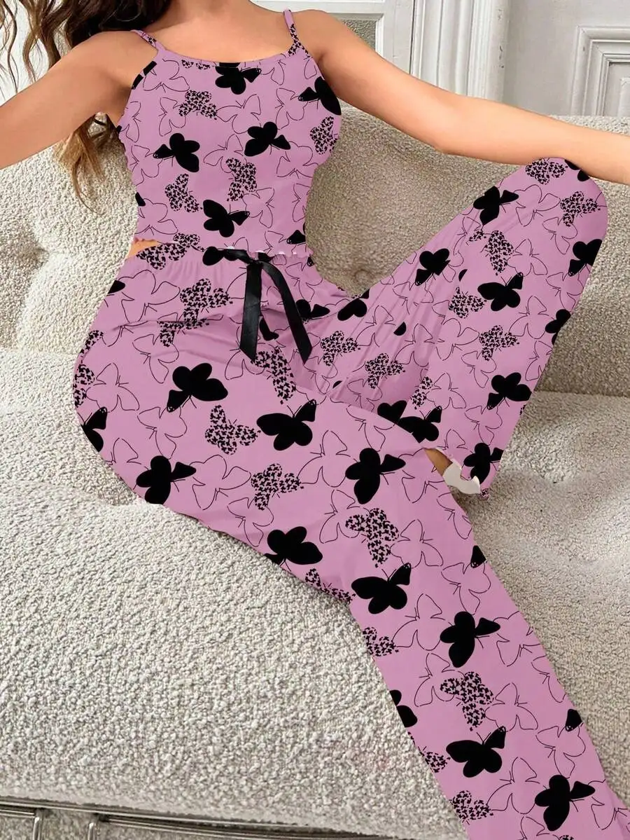 Butterfly Print Camisole And Pants Pajama Set For Women Comfortable Sleepwear