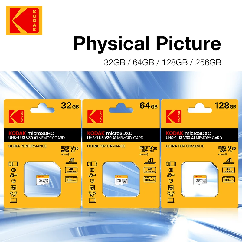 بطاقة ذاكرة كوداك الأصلية 64 جيجابايت 128 جيجابايت 256 جيجابايت U3 4K بطاقة مايكرو SD 32 جيجابايت SDHC UHS-I C10 A1 V30 TF Trans Flash Microsd