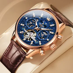 OLEVS 6658 Fashion Men's Watches Hollow Flywheel Automatic Mechanical Wristwatch Leather Strap Waterproof Luminous Moon Phase