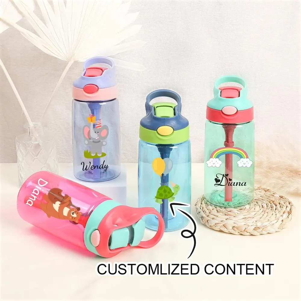 Personalisierte Trinkflasche für Kinder mit Nama, niedlicher Regenbogen-Schildkröten-Cartoon-Design, Trinkbecher mit Klappstrohhalm, Geburtstags- oder Schulkinder-Geschenk.