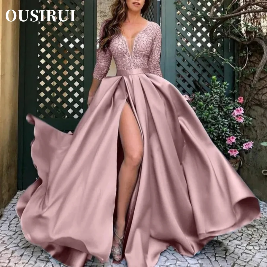 OUSIRbiomomPrincess-Robe longue sexy pour femme, manches avec queue, banquet, soirée, fête d'anniversaire, robe de mariée, dentelle, paillettes, grand ourlet