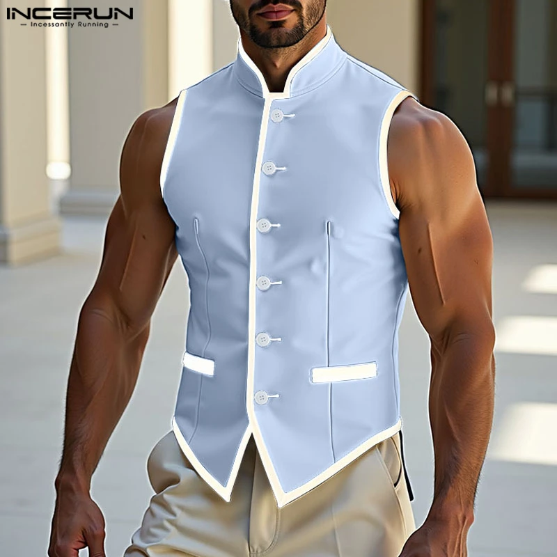 

INCERUN Men Vests Patchwork Stand Collar Sleeveless Button Male Waistcoats 2025 Streetwear Elegant Fashion Casual Vests S-3XL
