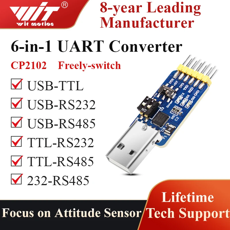 WitMotion USB-UART 6-In-1 Converter, Multifunctional USB-TTL/RS485/232, TTL-RS232/485,232-485)Serial Adapter, CH340/ CP2102 Chip