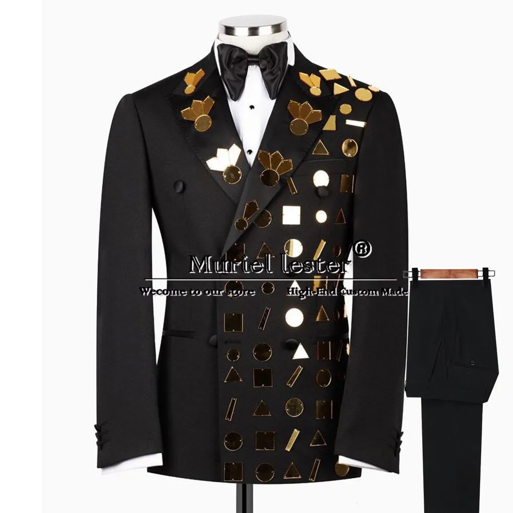 Double Breasted Suits Men Sliver Beaded Jacket Pants 2 Pieces Prom Blazer Man Banquet Business Dinner Wedding Tuxedo Male Dress