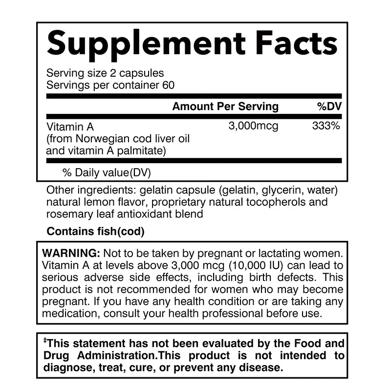 Vitamina A 3000mcg: mejora la visión, resiste la fatiga, mejora la claridad de los ojos, promueve el crecimiento y el desarrollo