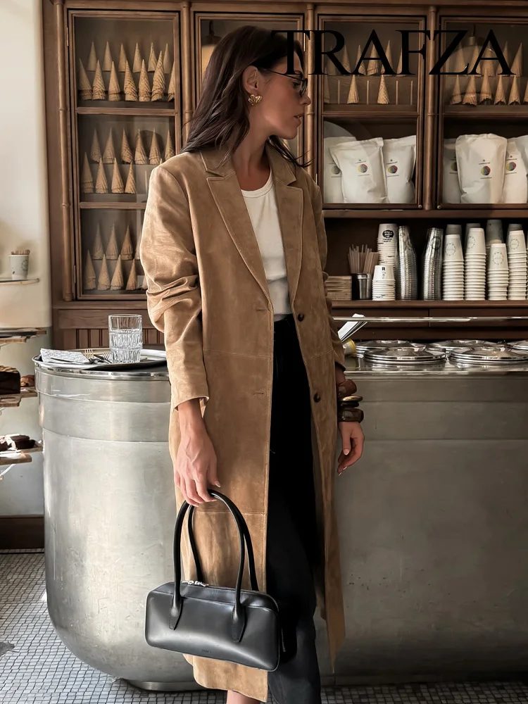 

TRAFZA Women Elegant Single-Breasted Lapel Slim Long Jacket Autumn Woman Solid Loose Casual Coat Long Sleeves Outwear Mujer