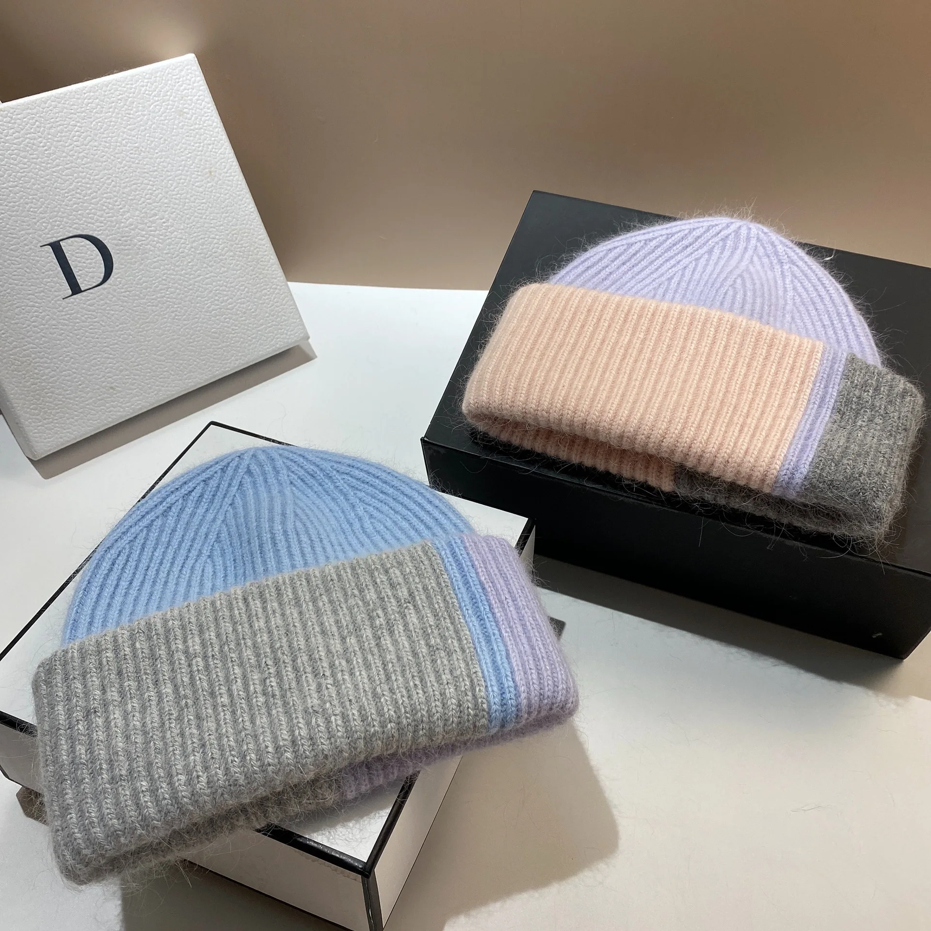 

Winter New Color Block Rabbit Hair Knitted Beanie - Oversized Thickened Warm Slouchy Wool Hat for Cold Weather